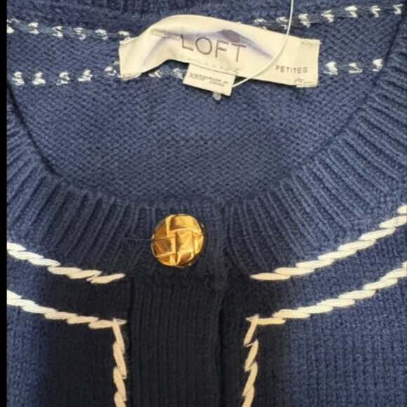 ANN TAYLOR LOFT TOPSTITCHED NAVY WHITE GOLD BUTTON SWEATER JACKET CARDIGAN XXSP - Picture 6 of 7